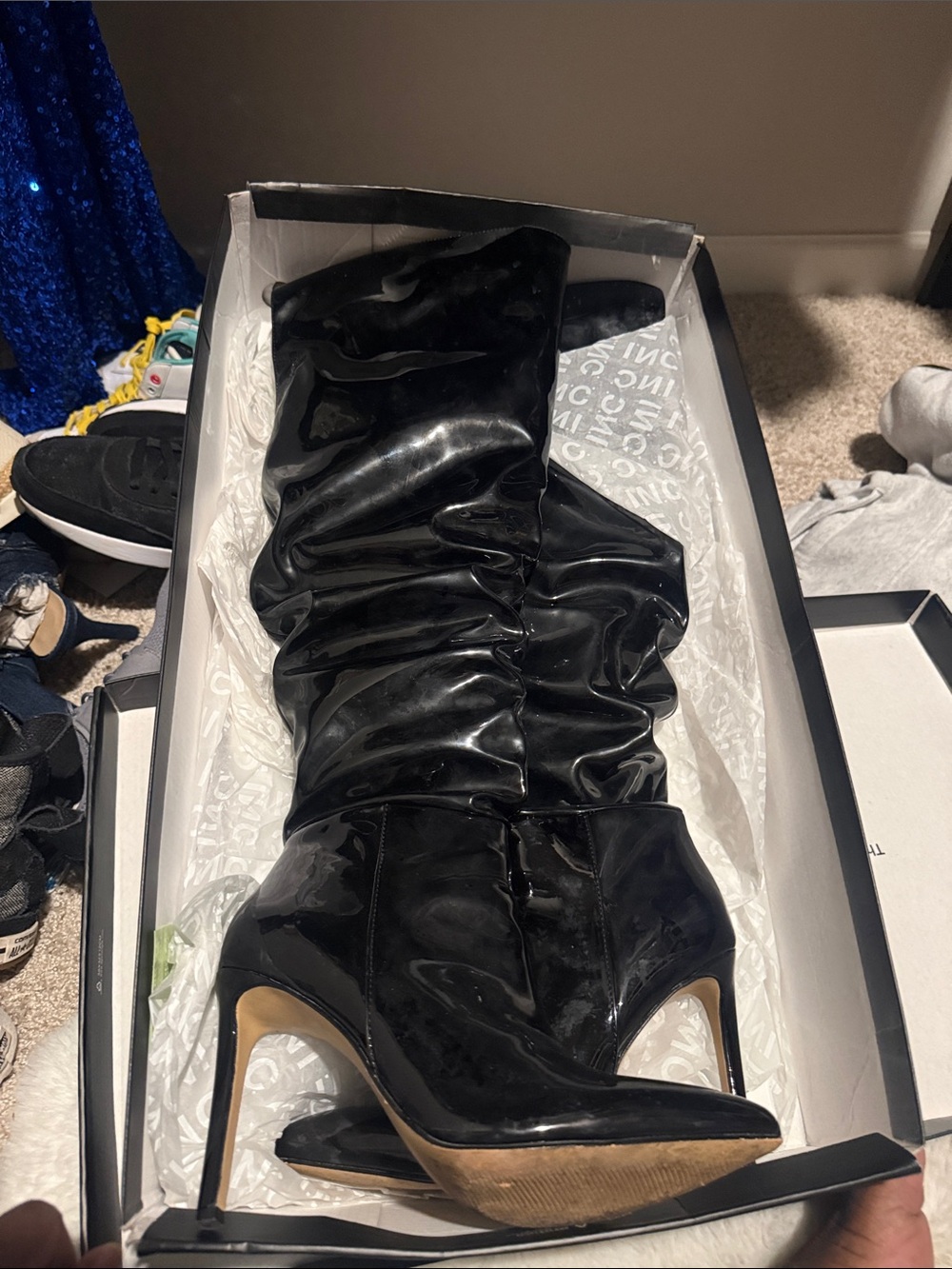 INC IYONNA Black Patent Slouchy Knee High Stiletto Boots